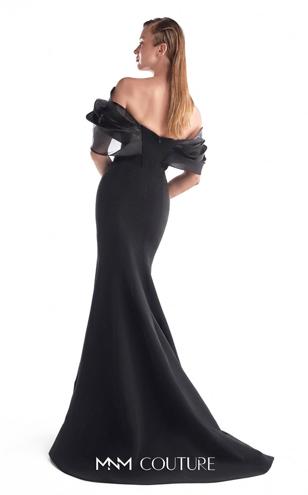 Navy crepe mermaid gown MNM Couture Style G2144 featuring an off-shoulder neckline with gracefully draped midnight blue liquid organza