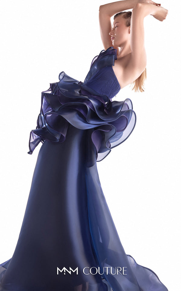 Strapless evening gown MNM Couture Style G2146 with cascading purple and navy fluid organza and a 3D floral waist bloom
