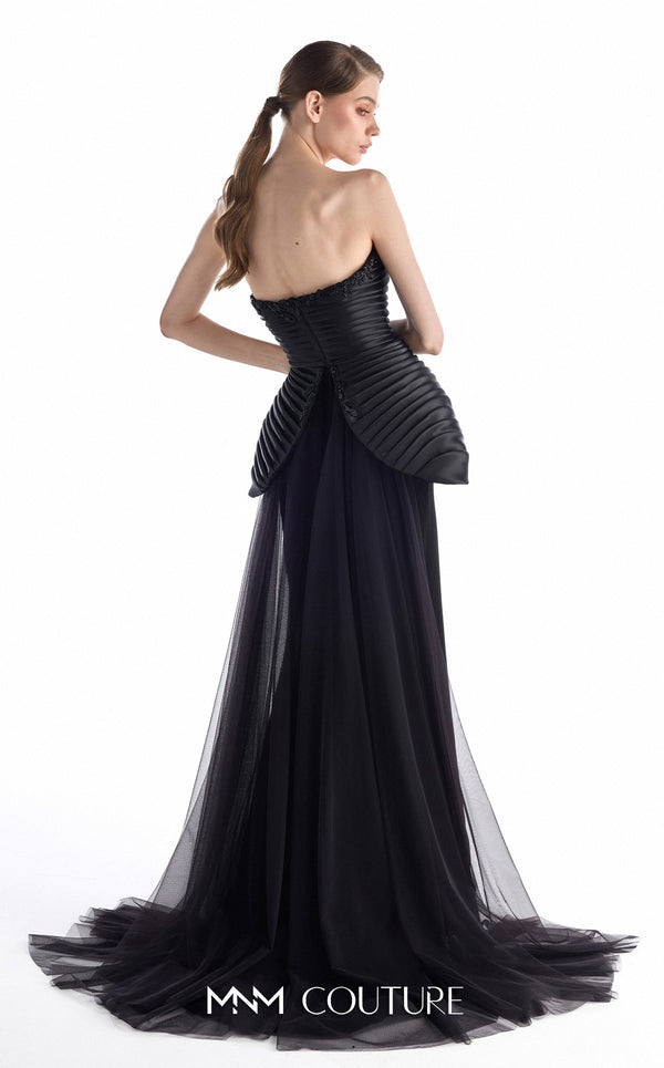 MNM Couture G2202 midnight crepe organza and lace fitted mermaid gown with strapless sweetheart neckline, pleated sculpted bodice, sculptural peplum, and flowing tulle overskirt train | Couture Shop LA.