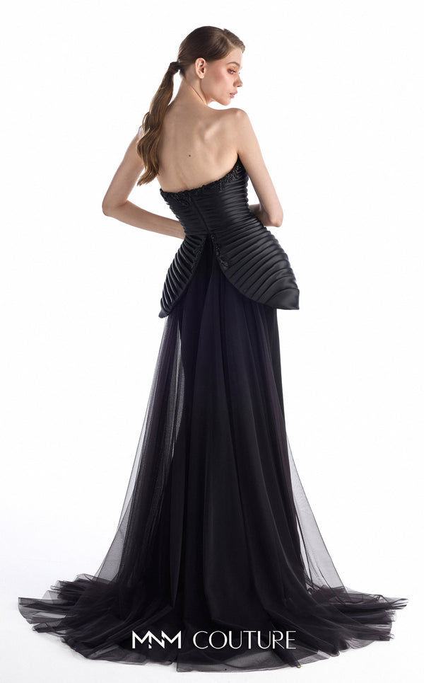 MNM Couture G2202 midnight crepe organza and lace fitted mermaid gown with strapless sweetheart neckline, pleated sculpted bodice, sculptural peplum, and flowing tulle overskirt train | Couture Shop LA.