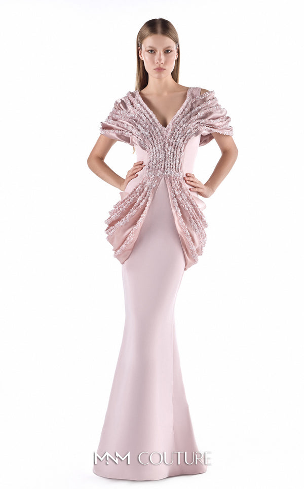MNM Couture G2204 rosewater crepe and beaded lace mermaid gown with deep V-neckline, sculptural draped shoulders, hand-beaded lace waist, and architectural hip draping | Couture Shop LA.