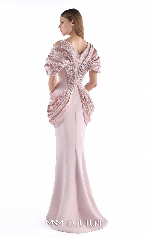 MNM Couture G2204 rosewater crepe and beaded lace mermaid gown with deep V-neckline, sculptural draped shoulders, hand-beaded lace waist, and architectural hip draping | Couture Shop LA.