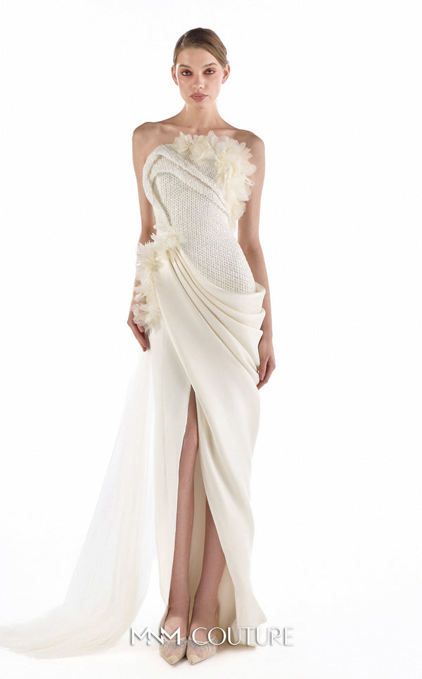 MNM Couture G2214 ivory beaded lace and crystal organza asymmetrical strapless mermaid gown with three-dimensional flowers and flowing organza train | Couture Shop LA.