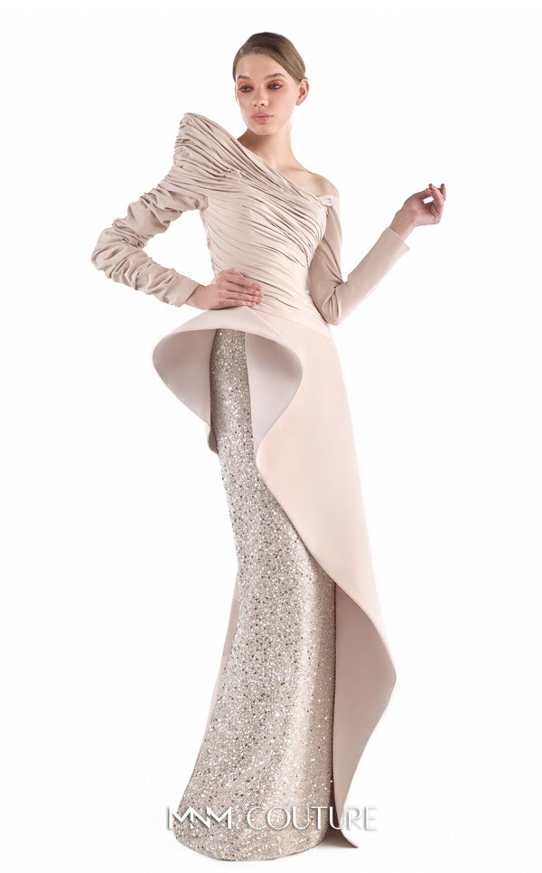 MNM Couture G2216 nude crepe and beaded sequin column gown with asymmetrical off-shoulder neckline, ruched long sleeves, architectural peplum, and beaded sequin panel | Couture Shop LA.