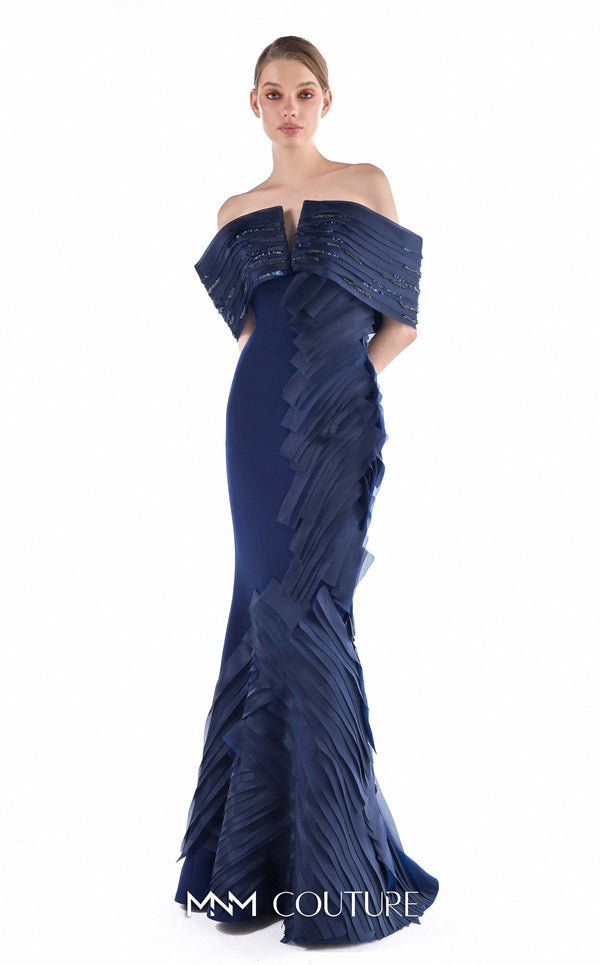 MNM Couture G2227 midnight blue crepe and organza gommé off-the-shoulder mermaid gown with diagonal accordion pleats and lace inserts | Couture Shop LA.