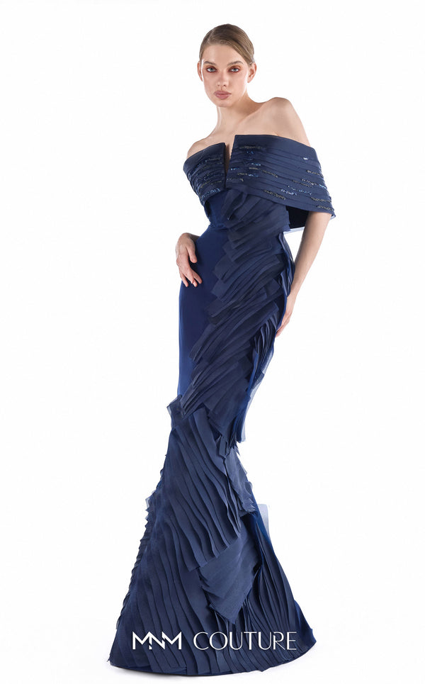 MNM Couture G2227 midnight blue crepe and organza gommé off-the-shoulder mermaid gown with diagonal accordion pleats and lace inserts | Couture Shop LA.