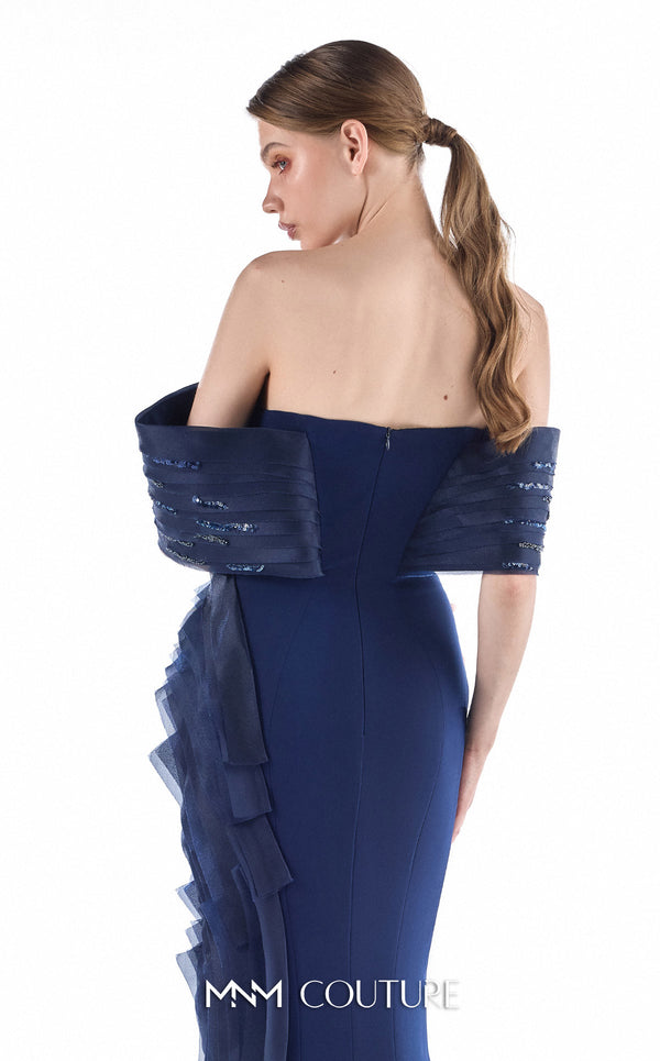 MNM Couture G2227 midnight blue crepe and organza gommé off-the-shoulder mermaid gown with diagonal accordion pleats and lace inserts | Couture Shop LA.