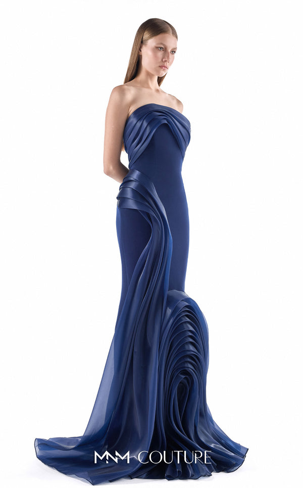 MNM Couture G2230 navy crepe and liquid organza strapless slim mermaid gown with sculptural wave-inspired draping and flowing organza train | Couture Shop LA.