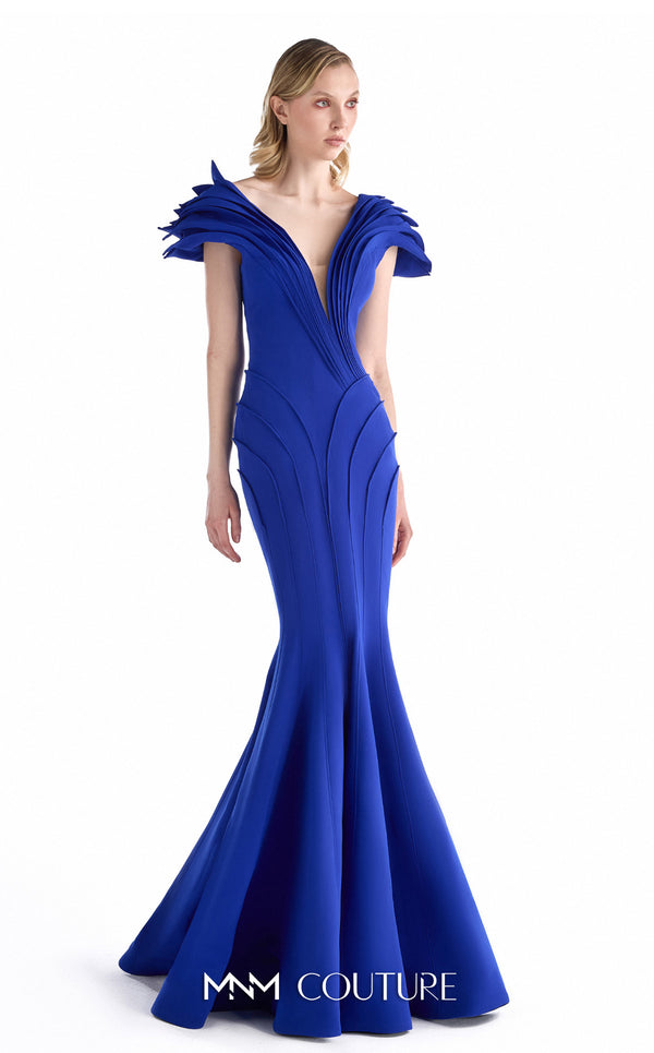 MNM Couture G2232 royal blue crepe plunging V-neck mermaid gown with sculpted cap sleeves, precision-cut paneled construction, and fishtail hem | Couture Shop LA.