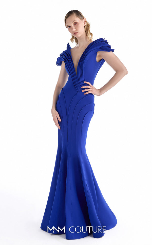 MNM Couture G2232 royal blue crepe plunging V-neck mermaid gown with sculpted cap sleeves, precision-cut paneled construction, and fishtail hem | Couture Shop LA.