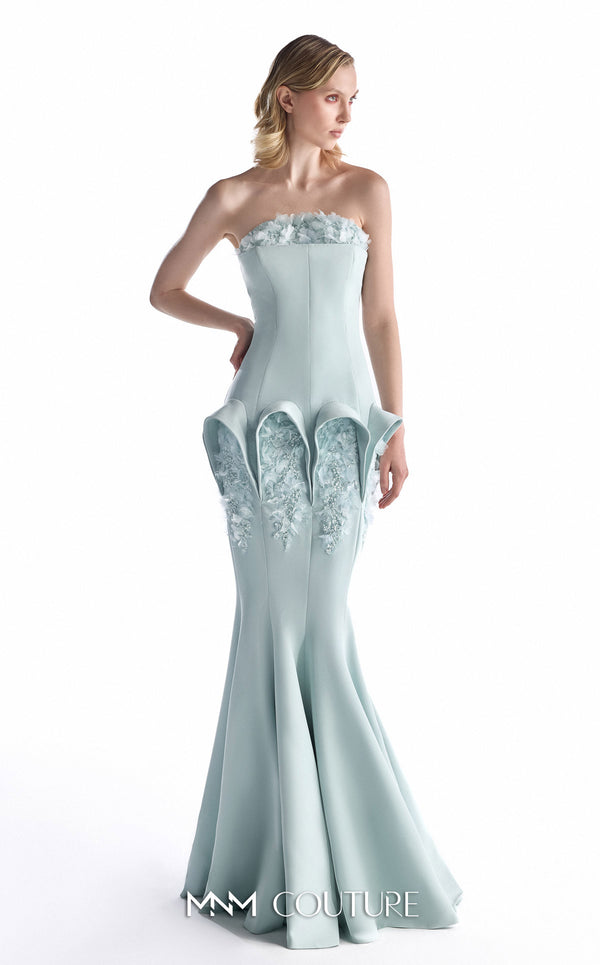 MNM Couture G2235 mint crepe and beaded lace strapless mermaid gown with beaded lace border, architectural hip panels, and fluted floor-length hem | Couture Shop LA.