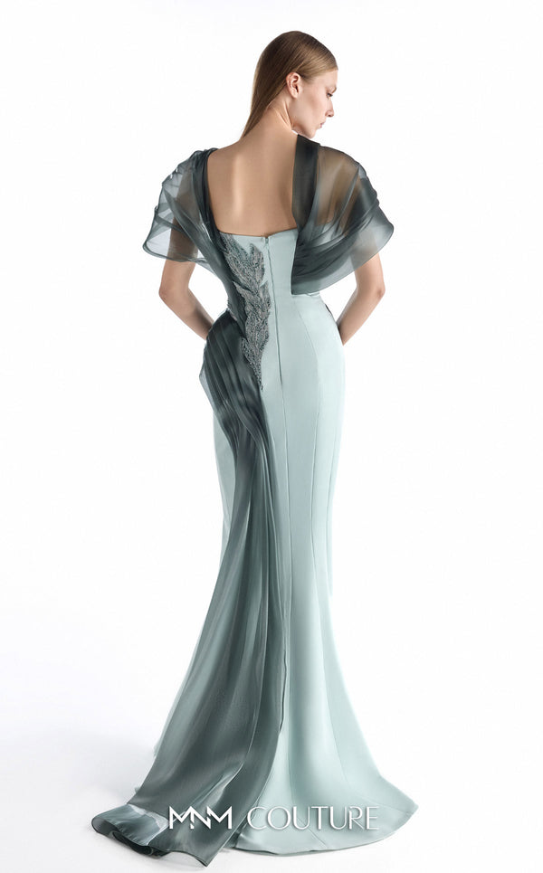 MNM Couture G2240 mint crepe, beaded lace, and liquid organza plunging off-shoulder mermaid gown with cascading organza waves, hand-applied beaded lace waist, and flowing organza train | Couture Shop LA.