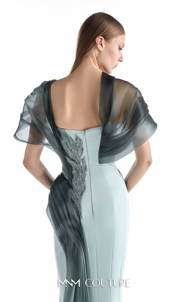 MNM Couture G2240 mint crepe, beaded lace, and liquid organza plunging off-shoulder mermaid gown with cascading organza waves, hand-applied beaded lace waist, and flowing organza train | Couture Shop LA.