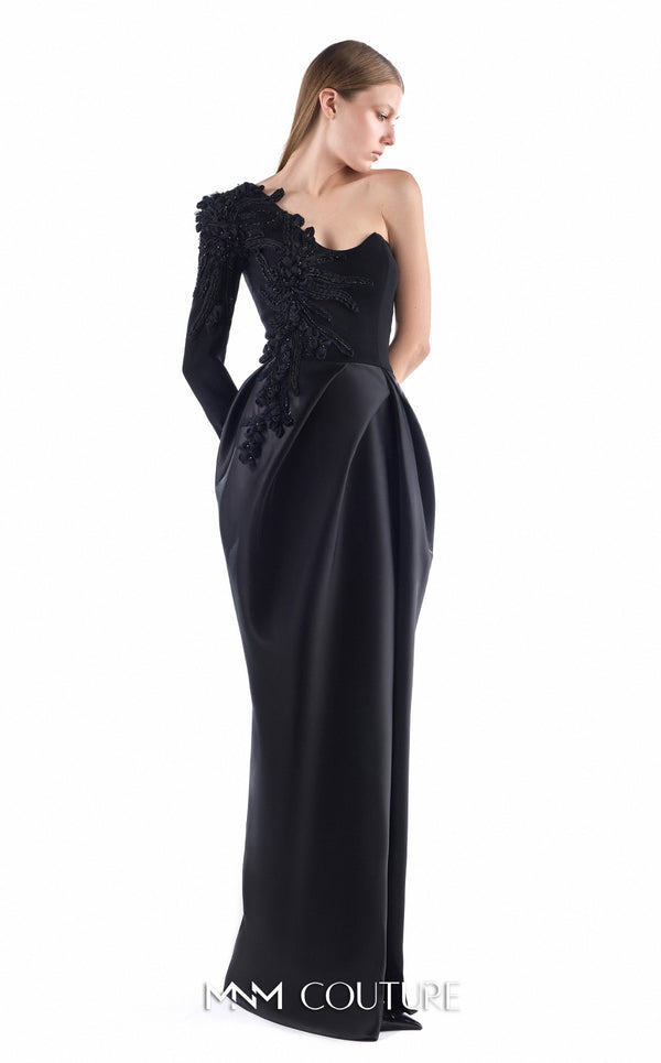 MNM Couture G2250 black crepe, mikado, and handmade embroidery one-shoulder column gown with embroidered single sleeve, sculptural mikado draped skirt, and thigh-high slit | Couture Shop LA.