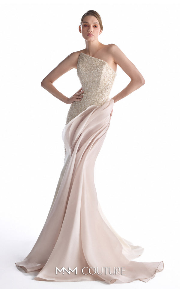 MNM Couture G2251 nude and blush beaded lace and Organza Gommé asymmetrical mermaid gown with hand-embellished lace bodice, sculptural Organza Gommé hip drape, and sweeping train | Couture Shop LA.