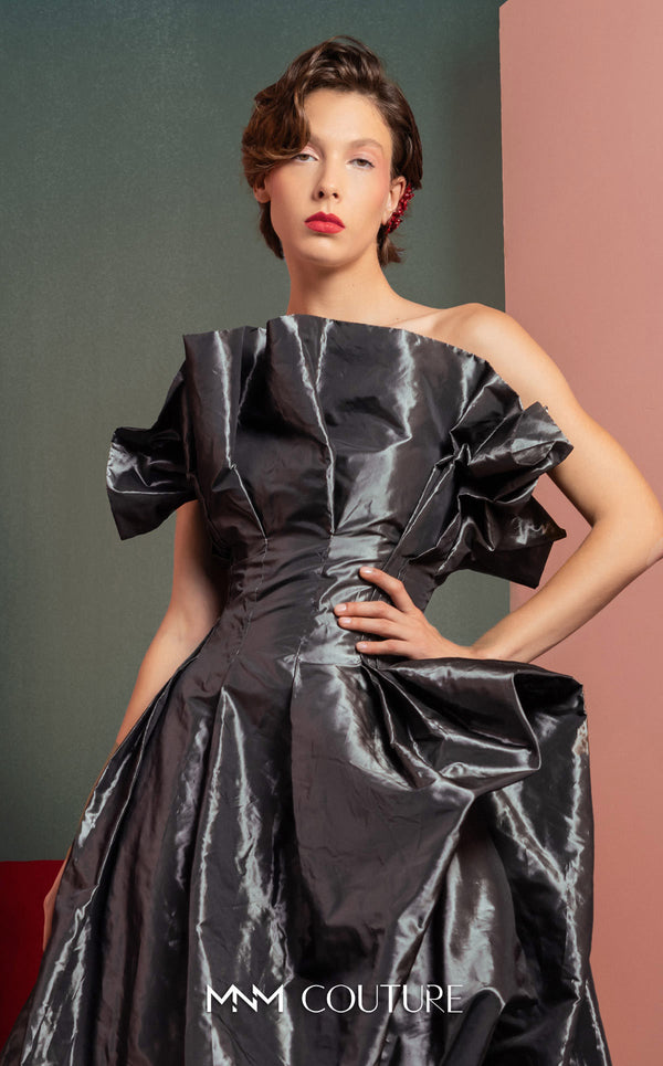MNM Couture GOF2503 dress in coral taffeta, featuring a draped strapless bodice and a voluminous, asymmetrical high-low skirt. | Couture Shop LA
