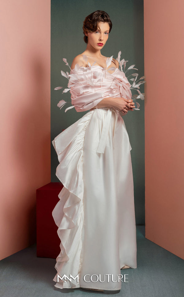 MNM Couture GOF2504 one-shoulder dress in black taffeta, featuring an oversized sculptural ruffle and an asymmetrical skirt with a high side slit. | Couture Shop LA
