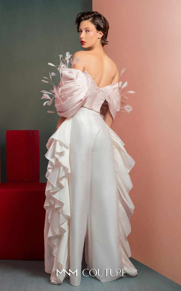MNM Couture GOF2504 one-shoulder dress in black taffeta, featuring an oversized sculptural ruffle and an asymmetrical skirt with a high side slit. | Couture Shop LA