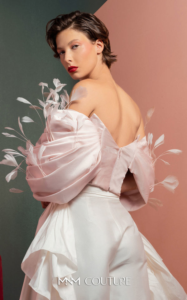 MNM Couture GOF2504 one-shoulder dress in black taffeta, featuring an oversized sculptural ruffle and an asymmetrical skirt with a high side slit. | Couture Shop LA