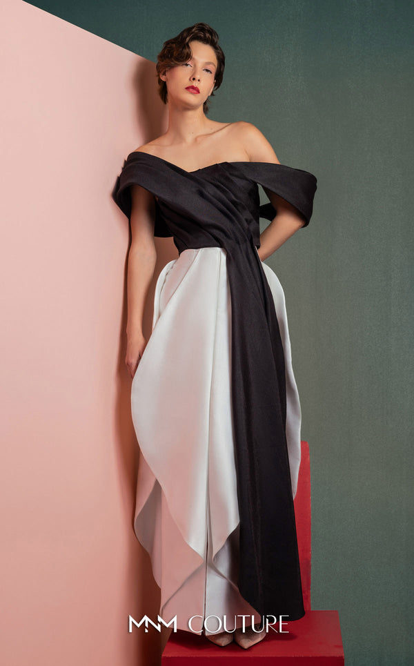 MNM Couture GOF2508 strapless dress in royal blue mikado piqué, featuring a fitted bodice with an asymmetrical peplum detail and a sleek pencil skirt. | Couture Shop LA