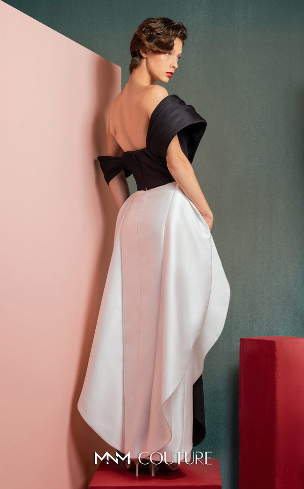 MNM Couture GOF2508 strapless dress in royal blue mikado piqué, featuring a fitted bodice with an asymmetrical peplum detail and a sleek pencil skirt. | Couture Shop LA