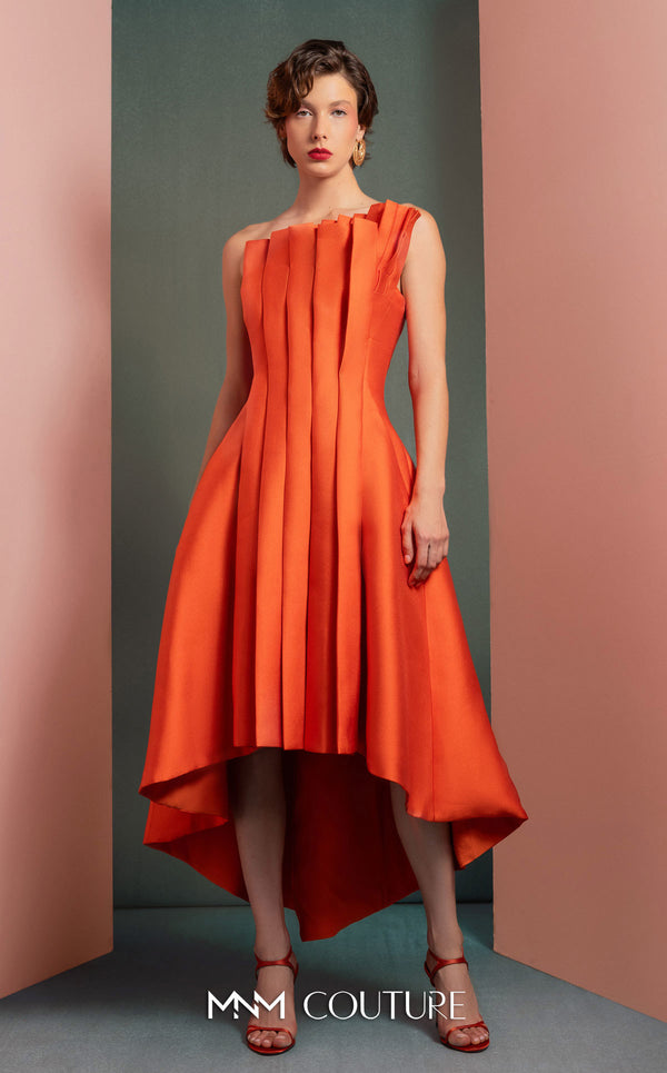 MNM Couture GOF2510 gown in vibrant red taffeta, featuring a dramatic off-shoulder neckline with cascading ruffles and a sleek, floor-length skirt. | Couture Shop LA