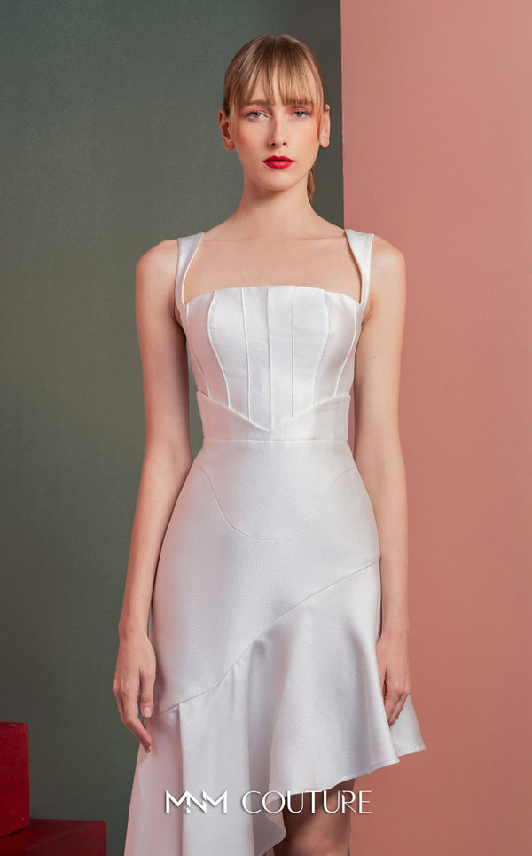 MNM Couture GOF2517 dress in white mikado piqué, featuring a structured bodice with thin straps and a gracefully flowing asymmetrical high-low skirt. | Couture Shop LA