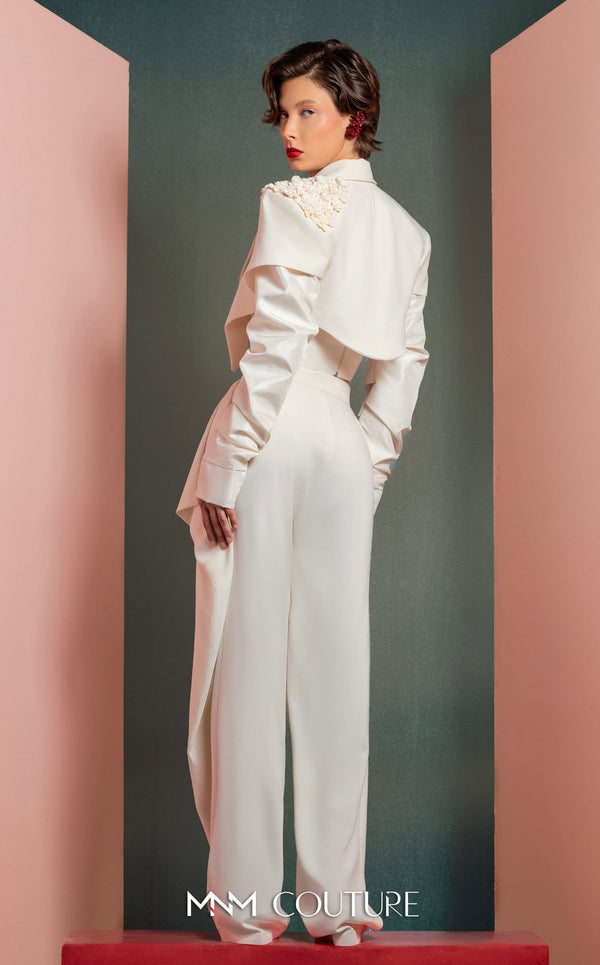 MNM Couture GOF2522 three-piece white ensemble, including wide-leg draped trousers, a floral corset top, and a cropped asymmetrical jacket with floral and ruched detailing. | Couture Shop LA