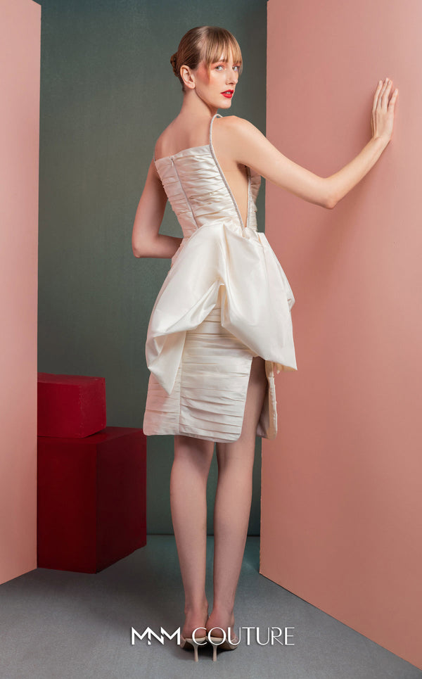 MNM Couture GOF2535 white taffeta dress with delicate crystal straps, unique draping, and sheer mesh side panels. | Couture Shop LA