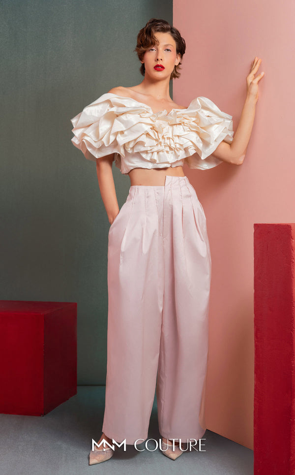 MNM Couture GOF2538 pink taffeta wide-leg pants ensemble with a voluminous off-shoulder ruffled crop top. | Couture Shop LA