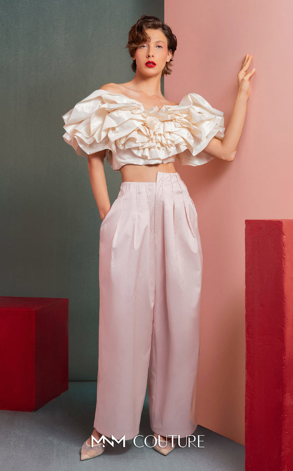 MNM Couture GOF2538 pink taffeta wide-leg pants ensemble with a voluminous off-shoulder ruffled crop top. | Couture Shop LA