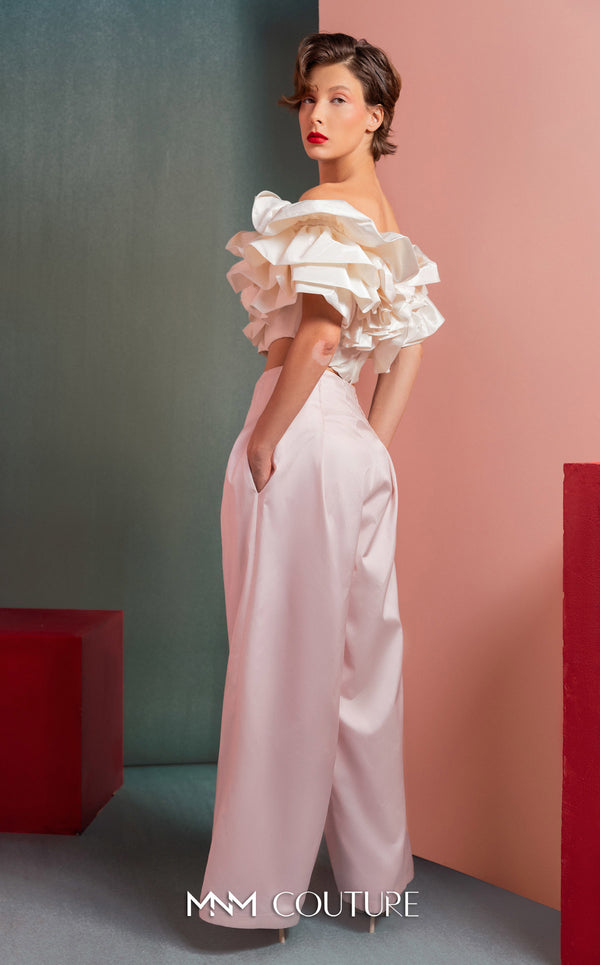 MNM Couture GOF2538 pink taffeta wide-leg pants ensemble with a voluminous off-shoulder ruffled crop top. | Couture Shop LA