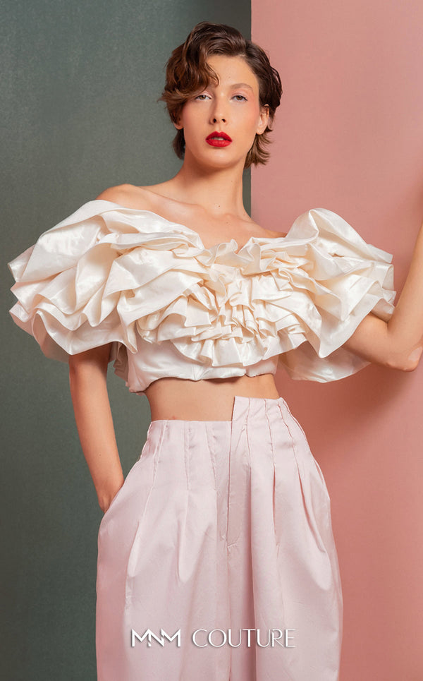 MNM Couture GOF2538 pink taffeta wide-leg pants ensemble with a voluminous off-shoulder ruffled crop top. | Couture Shop LA