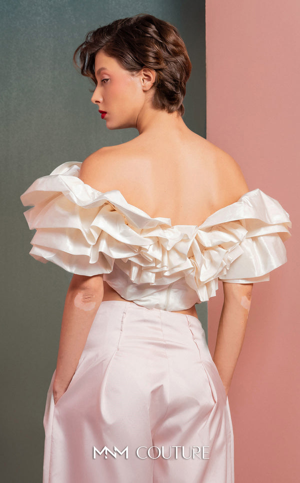 MNM Couture GOF2538 pink taffeta wide-leg pants ensemble with a voluminous off-shoulder ruffled crop top. | Couture Shop LA