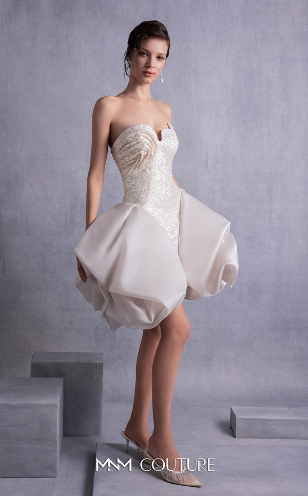 MNM Couture GOS2501 Gold champagne sequin mini dress with angular strapless bodice and puffy organza skirt overlay, perfect for glamorous occasions. | Couture Shop LA
