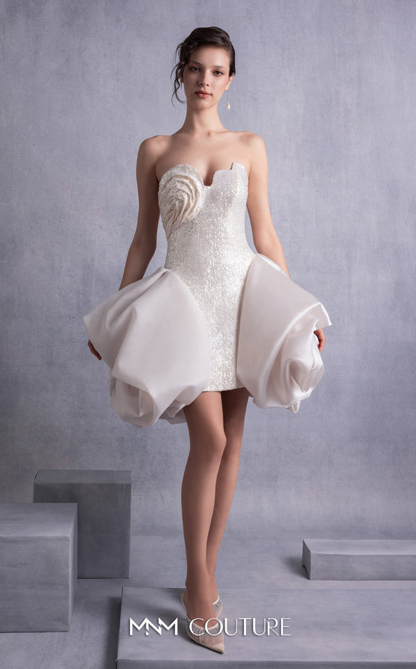 MNM Couture GOS2501 Gold champagne sequin mini dress with angular strapless bodice and puffy organza skirt overlay, perfect for glamorous occasions. | Couture Shop LA