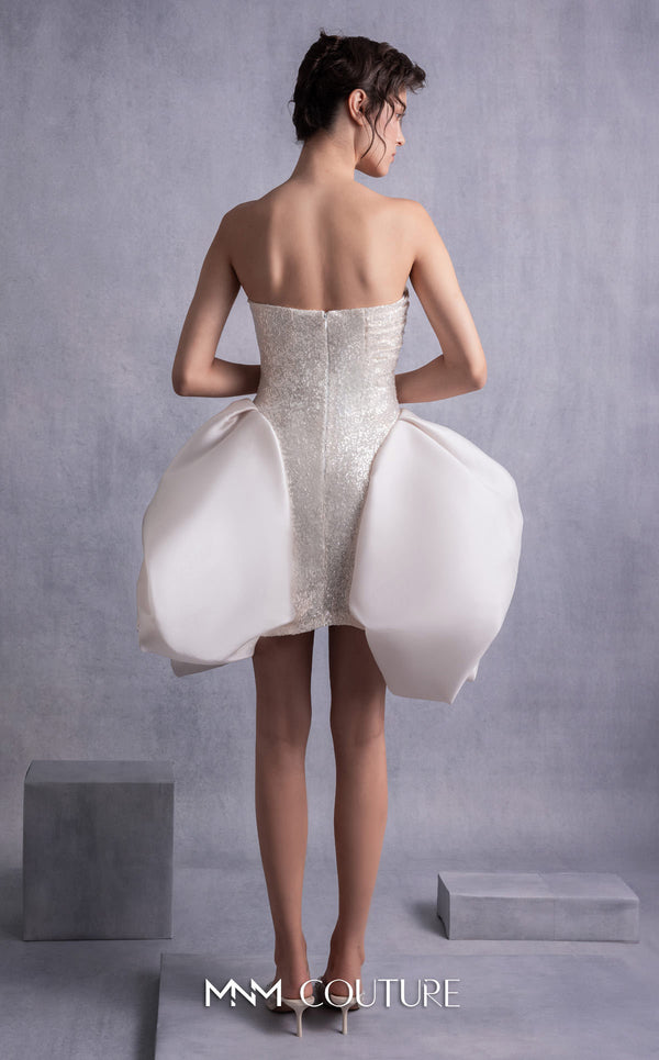MNM Couture GOS2501 Gold champagne sequin mini dress with angular strapless bodice and puffy organza skirt overlay, perfect for glamorous occasions. | Couture Shop LA