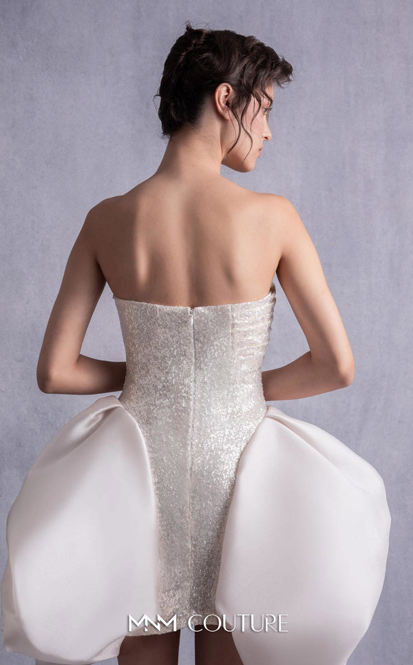 MNM Couture GOS2501 Gold champagne sequin mini dress with angular strapless bodice and puffy organza skirt overlay, perfect for glamorous occasions. | Couture Shop LA