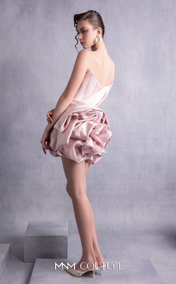 MNM Couture GOS2502 Pink sequin mini dress with angular strapless bodice and puffy organza skirt overlay, ideal for chic and glamorous occasions. | Couture Shop LA