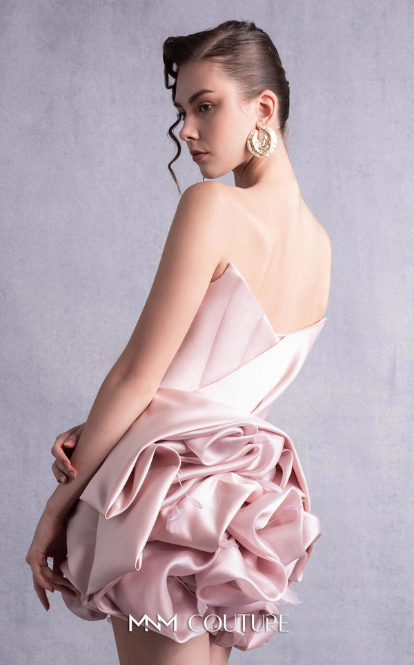 MNM Couture GOS2502 Pink sequin mini dress with angular strapless bodice and puffy organza skirt overlay, ideal for chic and glamorous occasions. | Couture Shop LA