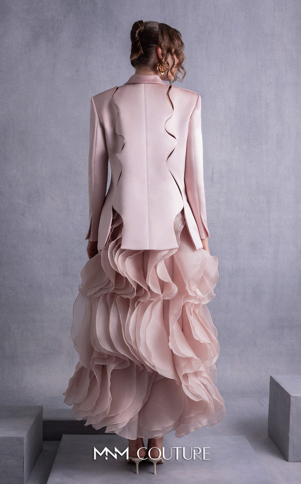 MNM Couture GOS2504 Cascading pink organza skirt with flowing ruffles and tailored pink razmir jacket with wave-inspired back detailing. | Couture Shop LA