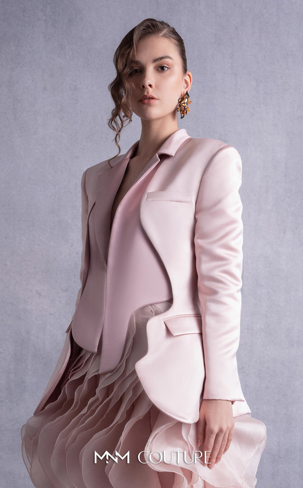 MNM Couture GOS2504 Cascading pink organza skirt with flowing ruffles and tailored pink razmir jacket with wave-inspired back detailing. | Couture Shop LA