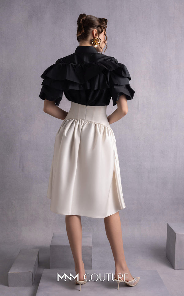 MNM Couture GOS2506 High-waisted gold champagne razmir skirt with gathered details and black taffeta top with cascading ruffles and a structured neckline. | Couture Shop LA