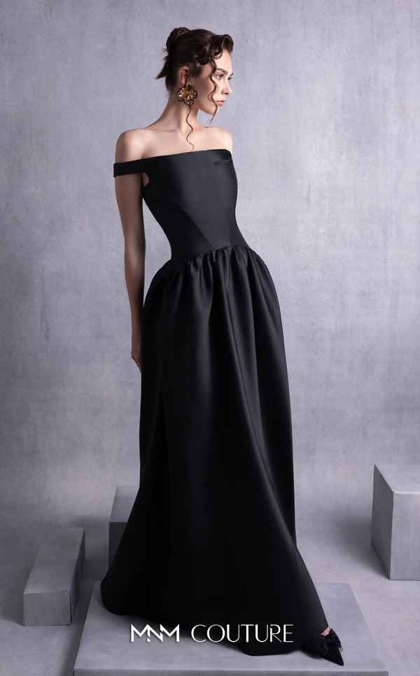 MNM Couture GOS2507 Black mikado piqué dress with thin off-shoulder neckline and flared full-length skirt, perfect for formal occasions. | Couture Shop LA