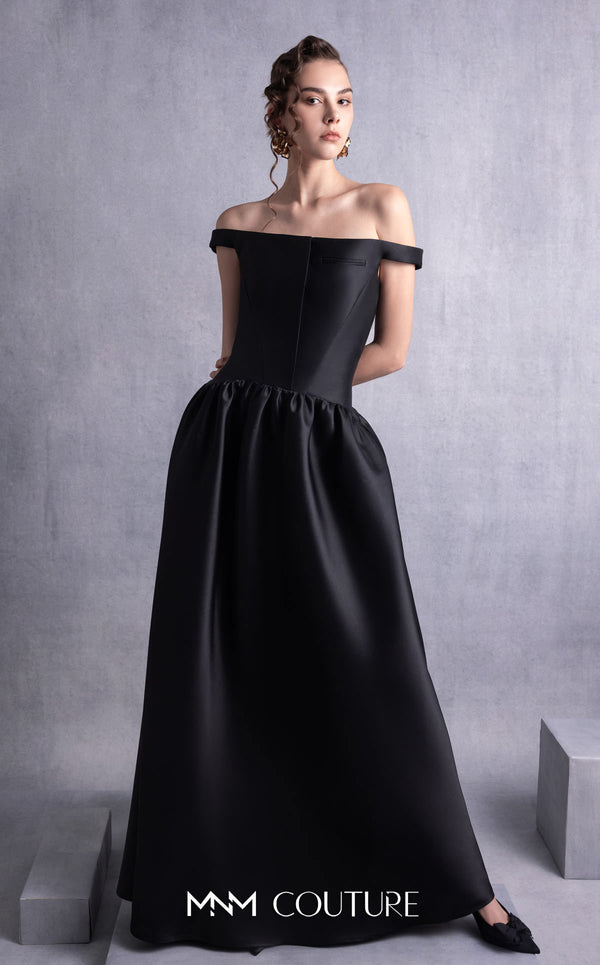MNM Couture GOS2507 Black mikado piqué dress with thin off-shoulder neckline and flared full-length skirt, perfect for formal occasions. | Couture Shop LA