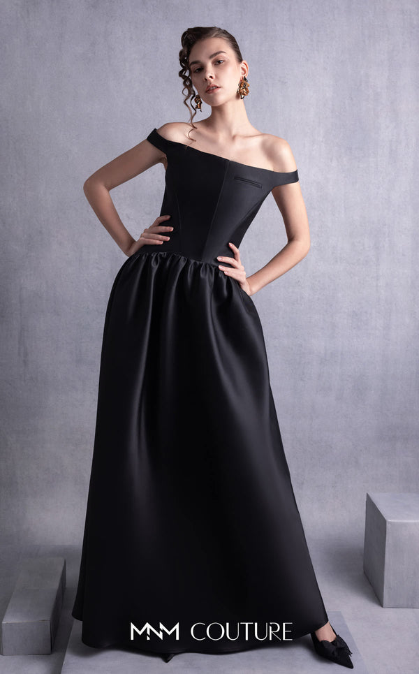 MNM Couture GOS2507 Black mikado piqué dress with thin off-shoulder neckline and flared full-length skirt, perfect for formal occasions. | Couture Shop LA