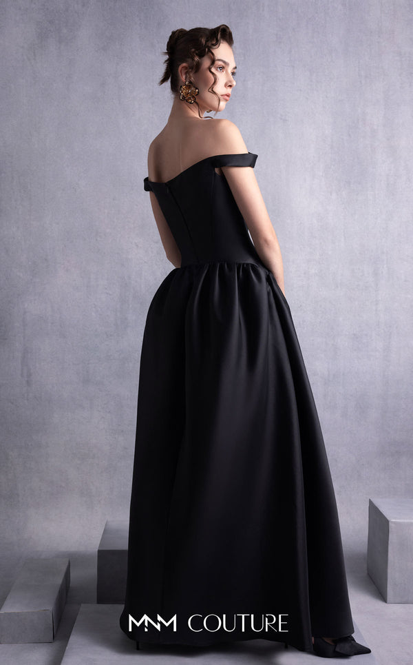 MNM Couture GOS2507 Black mikado piqué dress with thin off-shoulder neckline and flared full-length skirt, perfect for formal occasions. | Couture Shop LA