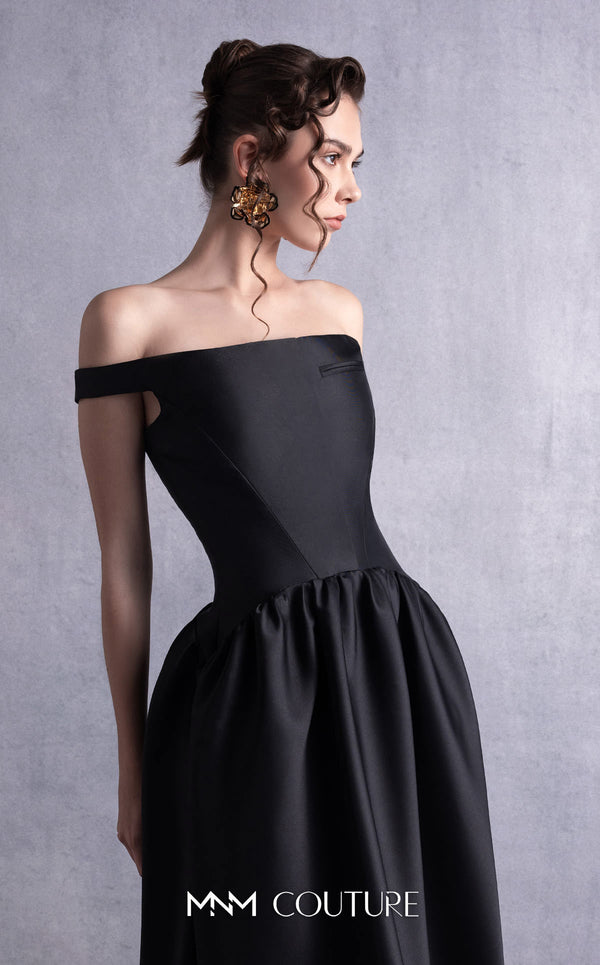MNM Couture GOS2507 Black mikado piqué dress with thin off-shoulder neckline and flared full-length skirt, perfect for formal occasions. | Couture Shop LA