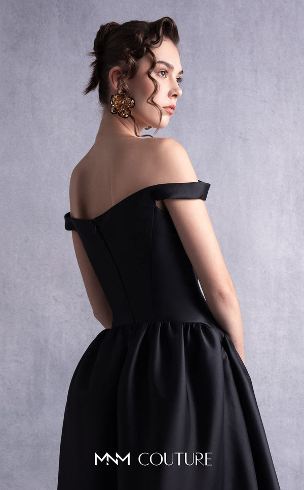MNM Couture GOS2507 Black mikado piqué dress with thin off-shoulder neckline and flared full-length skirt, perfect for formal occasions. | Couture Shop LA