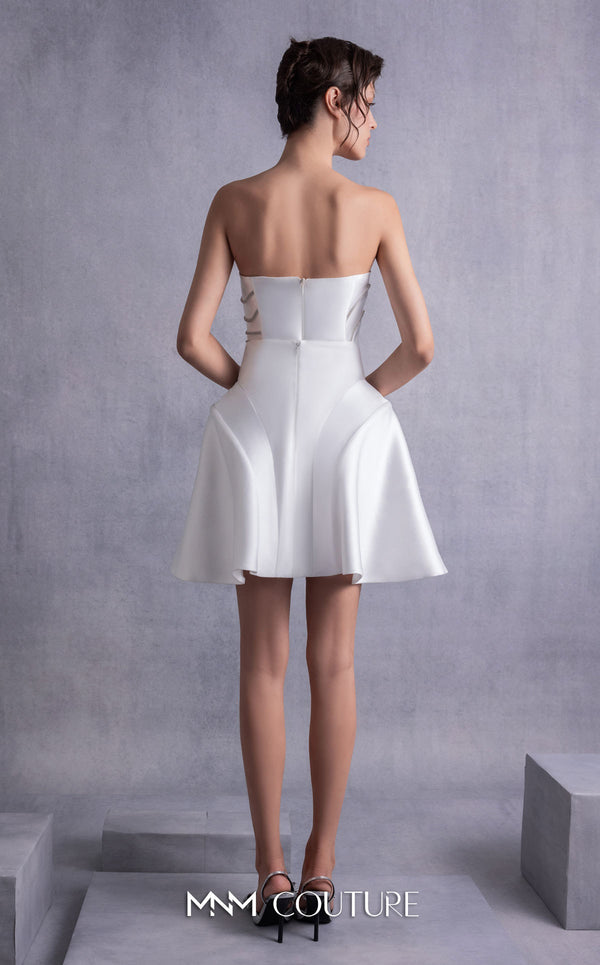 MNM Couture GOS2508 Flared off-white piqué skirt with structured design and strapless piqué corset top with crystal trims, ideal for weddings or formal occasions. | Couture Shop LA